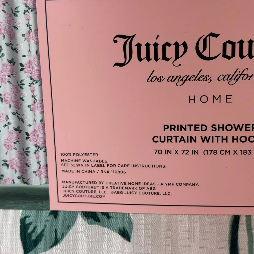 New Juicy Couture 70x72 Fabric Shower Curtain Hooks Pink Floral Flowers Roses